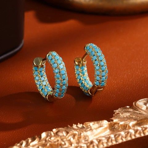 Exquisite Micro Pave Turquoise 14K Gold Plated Cubic Zirconia 3D 16mm Hoop Earrings