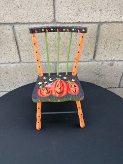 Whimsical Hand-Painted Halloween Child's Chair, Jack-o'-Lantern Wooden Accent Decor, Folk Art Fall Porch Furniture