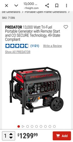 Predator 13000W Tri-Fuel Portable Generator - New in box.
