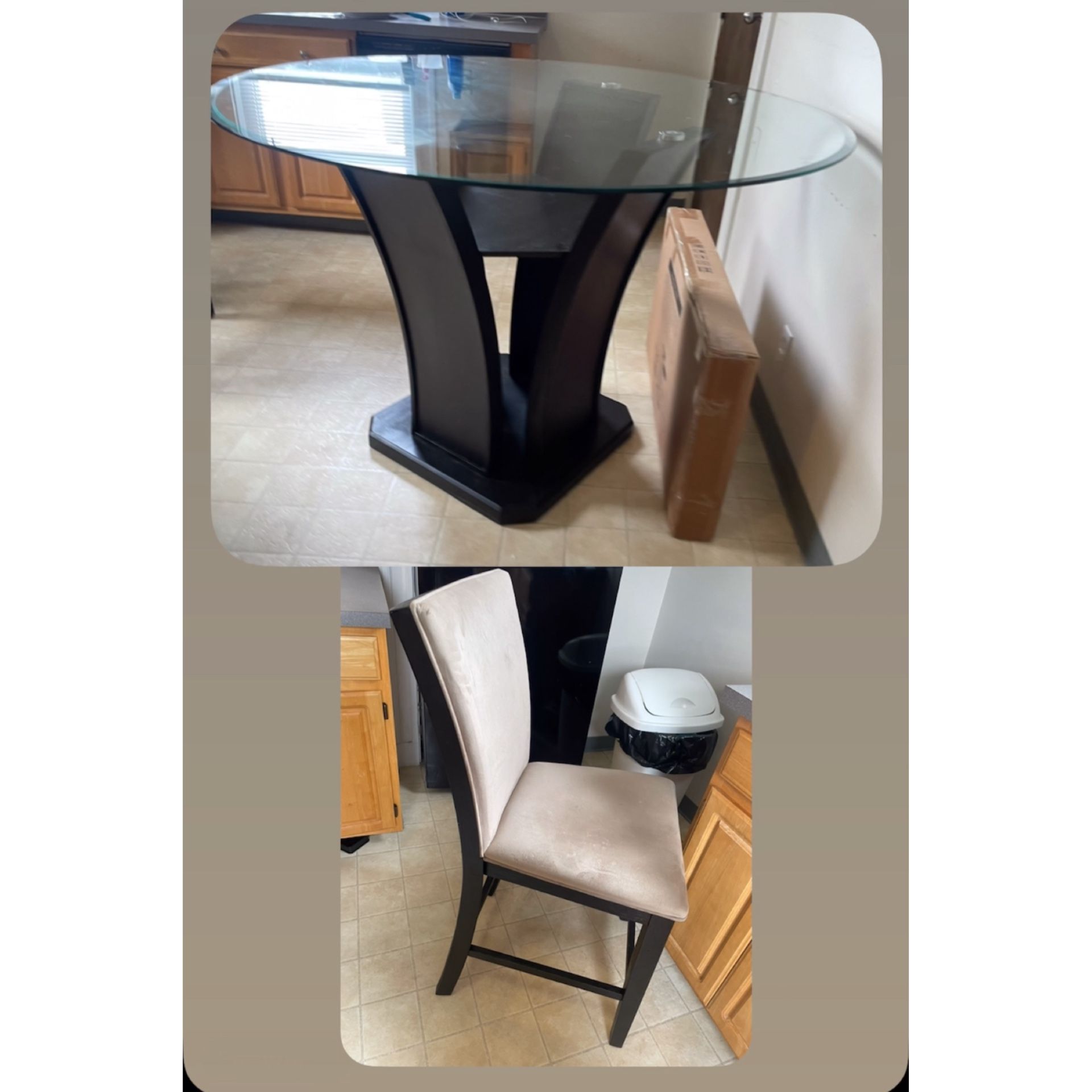 Round Glass Top Dining Table Set For 4 People : Espresso Color (Bob’s Discount Furniture) $200 For Table $300 For Full Set 