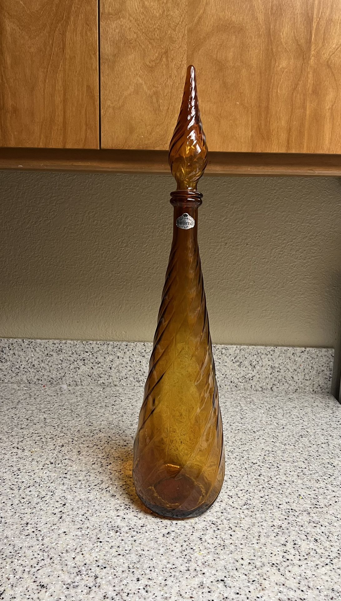 Amber SWIRL Pattern Glass Genie Bottle Decanter / Mid-century Italian Empoli / Large Amber Bottle