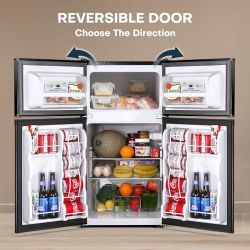 3.2 Cu.Ft Mini Fridge With Freezer, Double Door Mini Fridge, Adjustable Thermostat, Mini Refrigerator For Dorm, Office, Bedroom, Stainless