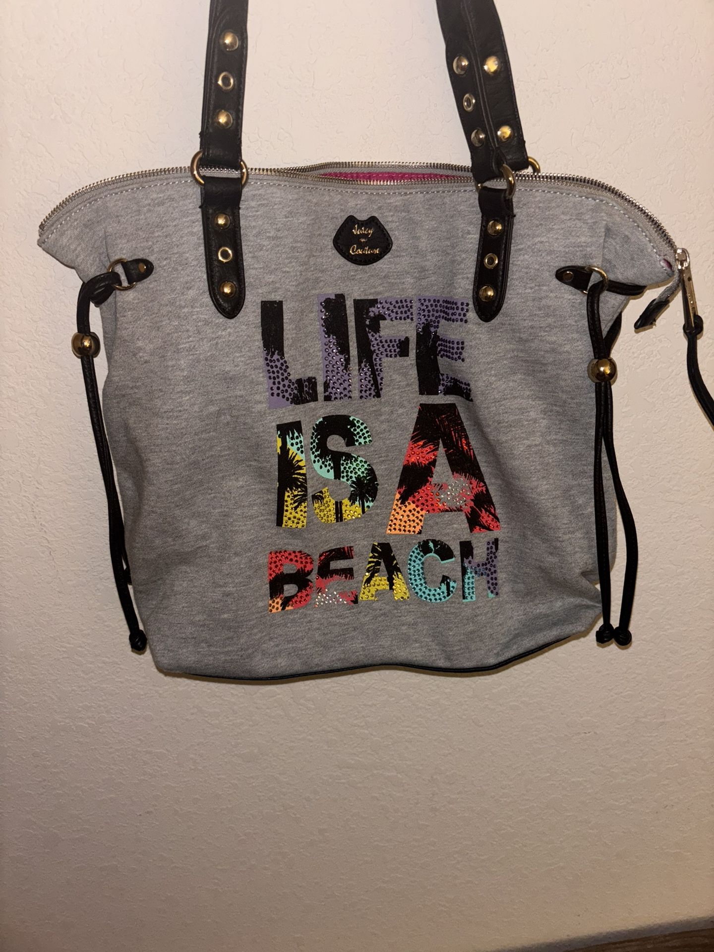 Juicy Couture Graphic Tote Bag - “Life Is A Beach” Design - Large Stylish Purse