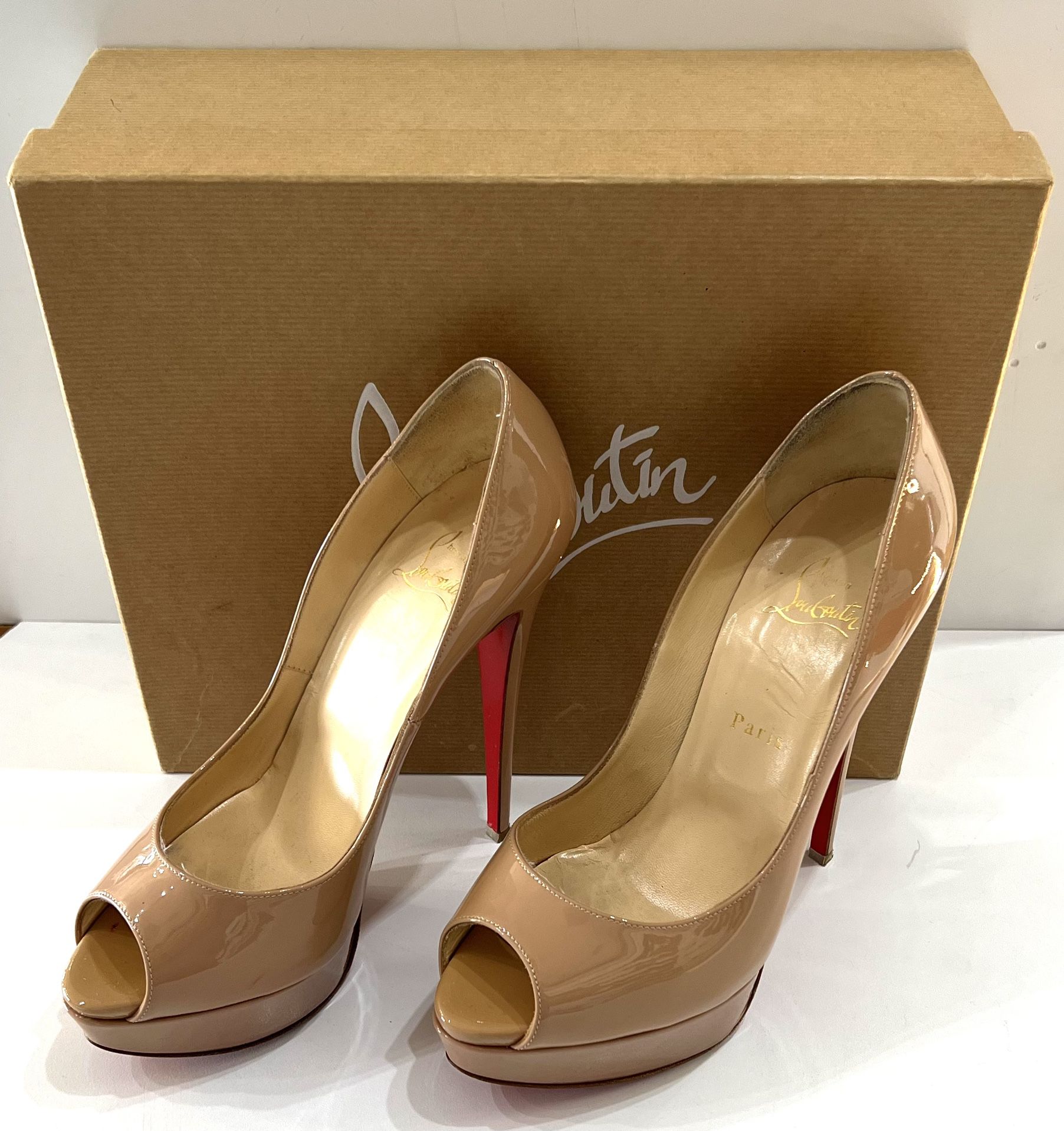 Christian louboutin beige patent leather peep toe heels Size 8.5