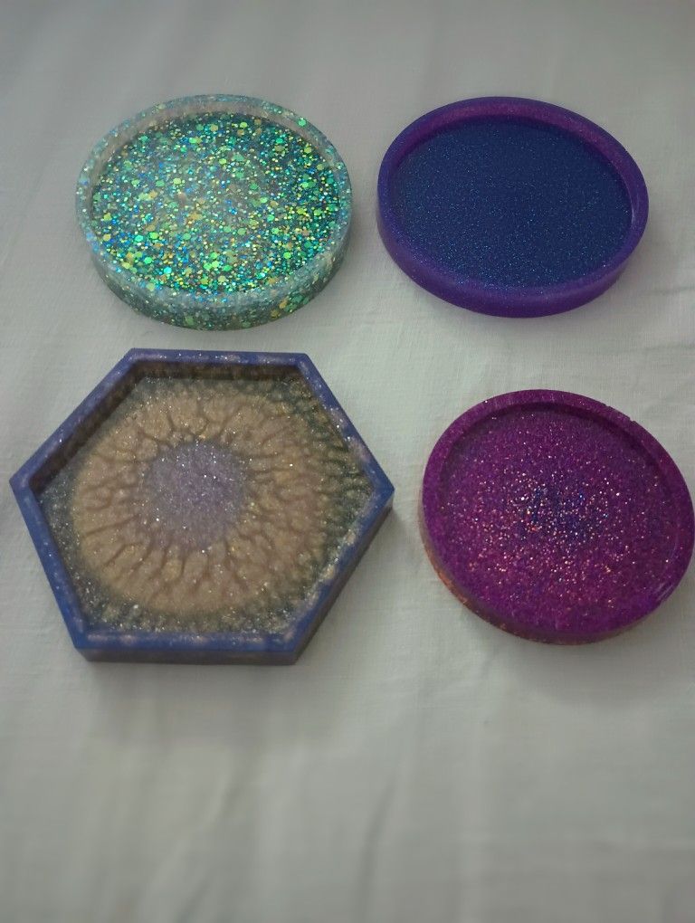 Set Of 4) Glitter Resin Craft Coaster Handmade Unique Fun Eclectic Home Decor Boho