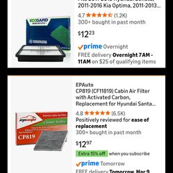 Hyundai Kia Sonata Azera Optima Engine and Cabin Air Filters