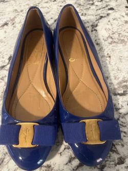 Salvatore Ferragamo Women’s Blue Patent  Leather Ballet Flats Bow 5 B