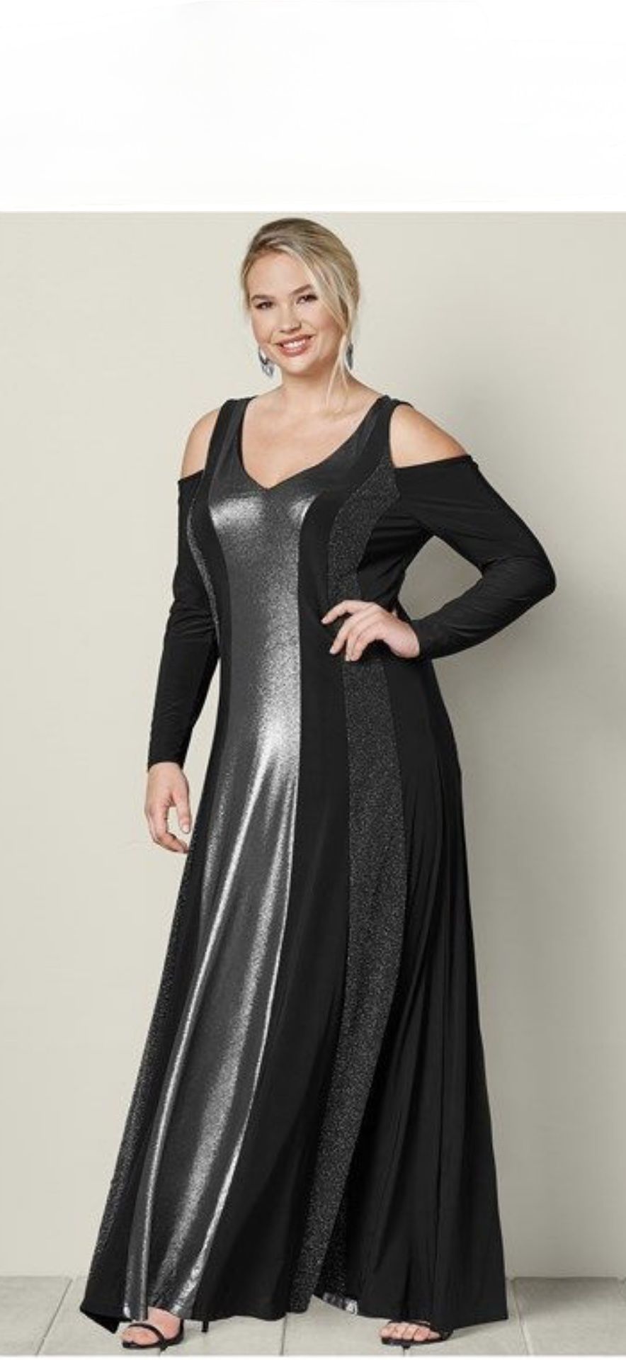 Venus cold shoulder black metallic fit and flare maxi dress long sleeve size L