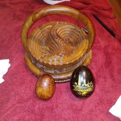 Hand Carved Wooden Basket.with Two Hand Painted Wooden Eggs