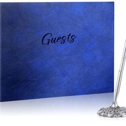 New Leather Guest Book and Pen Stand Set, 10.5" x 8" Embossed Guests Sign in Book Registry Book for Funeral, Wedding Reception, Vacation Homes and Eve