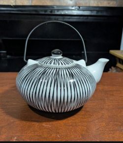 Pier 1 Hand Painted Porcelain Akina Black White Stripe Decorative Tea Pot Kettle