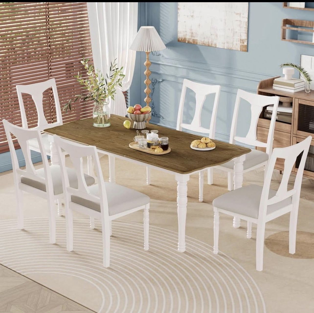 7-Piece Dining Table Set, Rustic Wooden Table with Removable Leaf and 6 Upholstered Chair Brand new in box - Assembly is required cash only Pickup