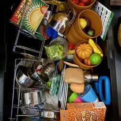 Play Set of Pots and Pans, Tea Set, Dishes, and Food 