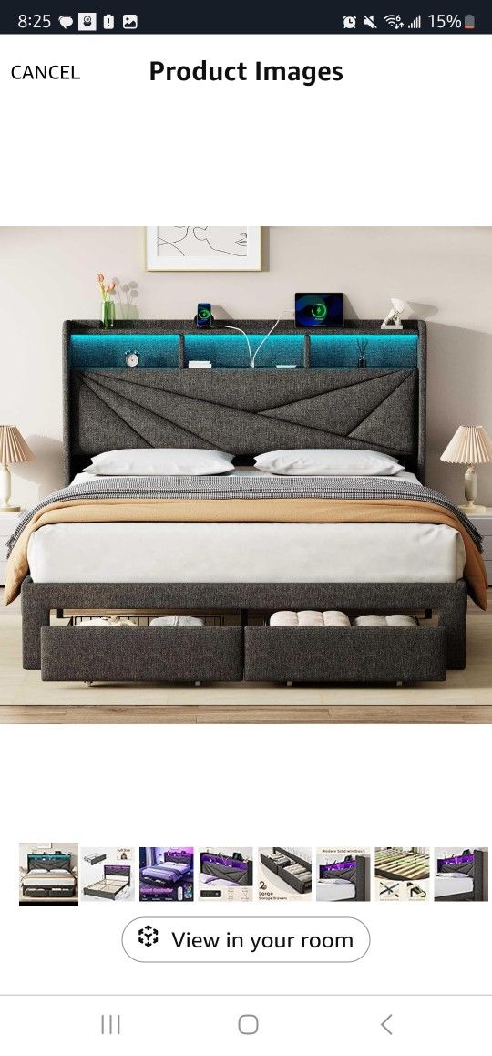 Driftalia LED Full Size Bed Frame with 2 Storage Drawers, Upholstered Full Bed Frame with Headboard and Charging Station, No Box Spring Needed, Easy t