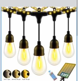33FT Outdoor Solar String Lights Waterproof with USB Port & Remote Control, Solar Patio Lights Long Last for 20+Hrs, Dimmable LED Shatterproof Bulbs,
