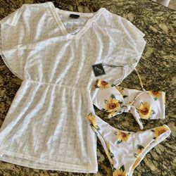 New women’s sunflower bikini with white cover up size 6