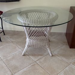 Glass Top White Wicker Round Dining Table