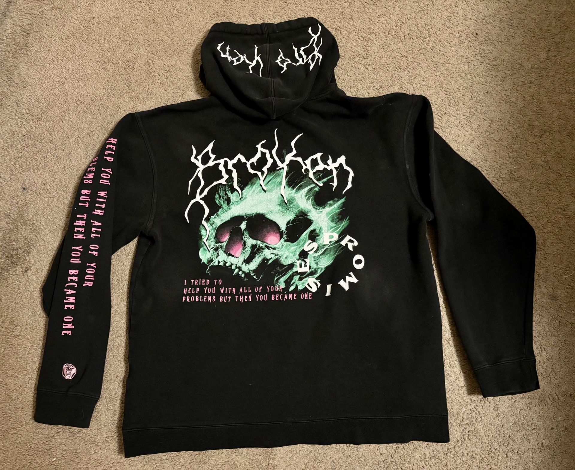 Broken Promises Emo Goth Skull And Flames Hoodie