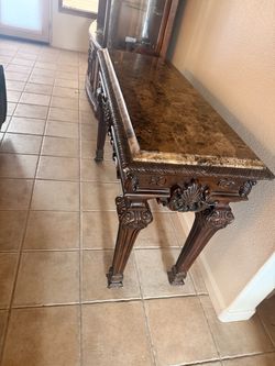 Tuscany 54" Traditional Rectangle Console Table - Cherry Faux Marble Top, Classic Wood Carved Accent Details, Living Room or Bedroom, Classic Home Fur