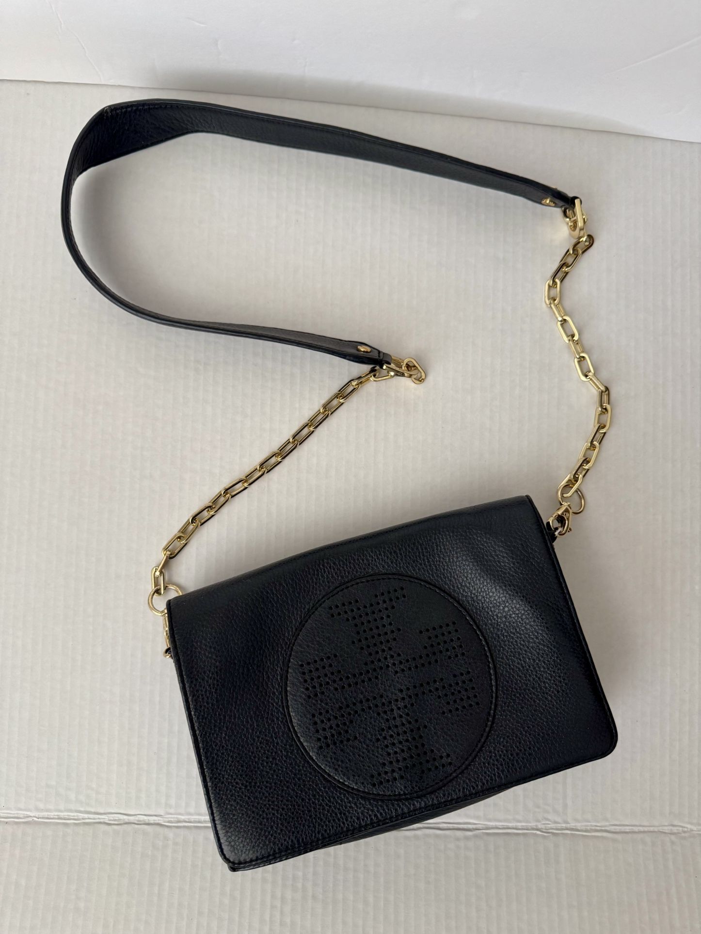 Tory Burch Black Leather Crossbody Bag Purse With Gold Hardwares