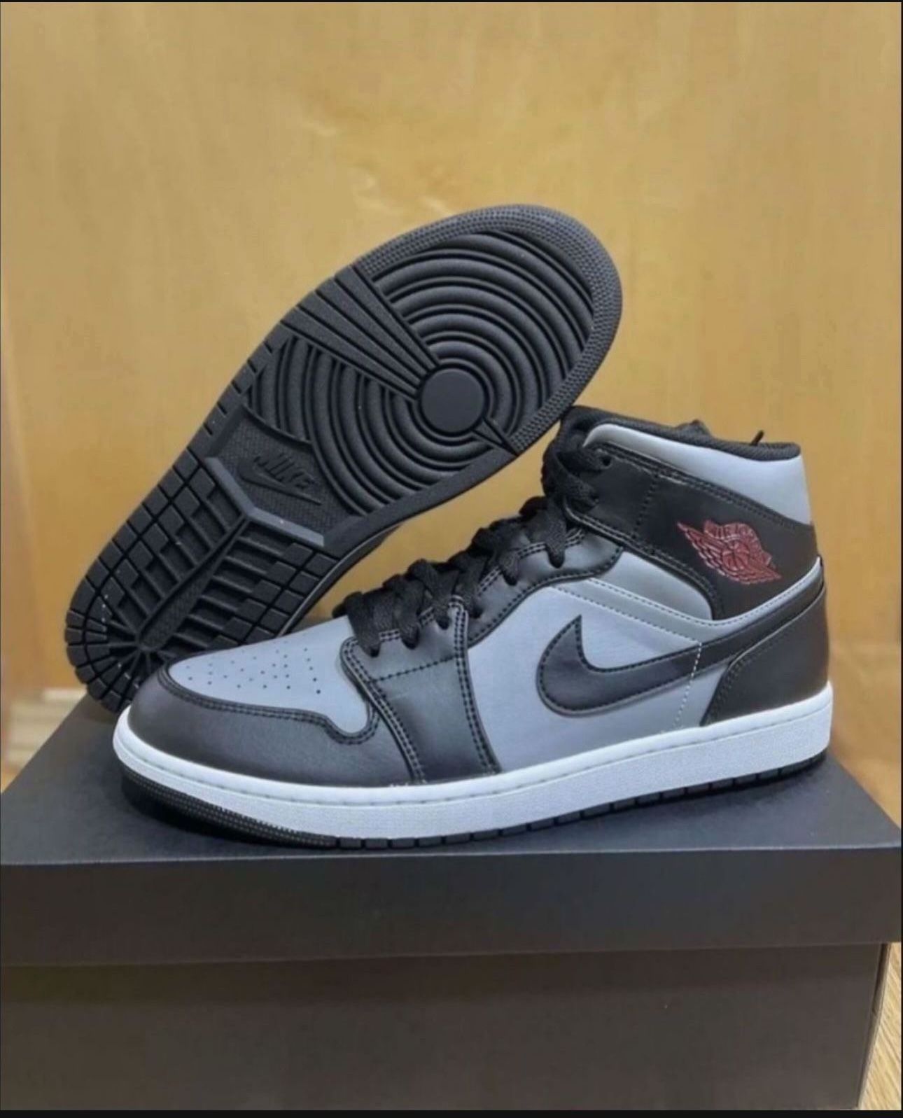 Nike Air Jordan 1 Mid Shadow Particle Grey Black Red Size 12 Brand New