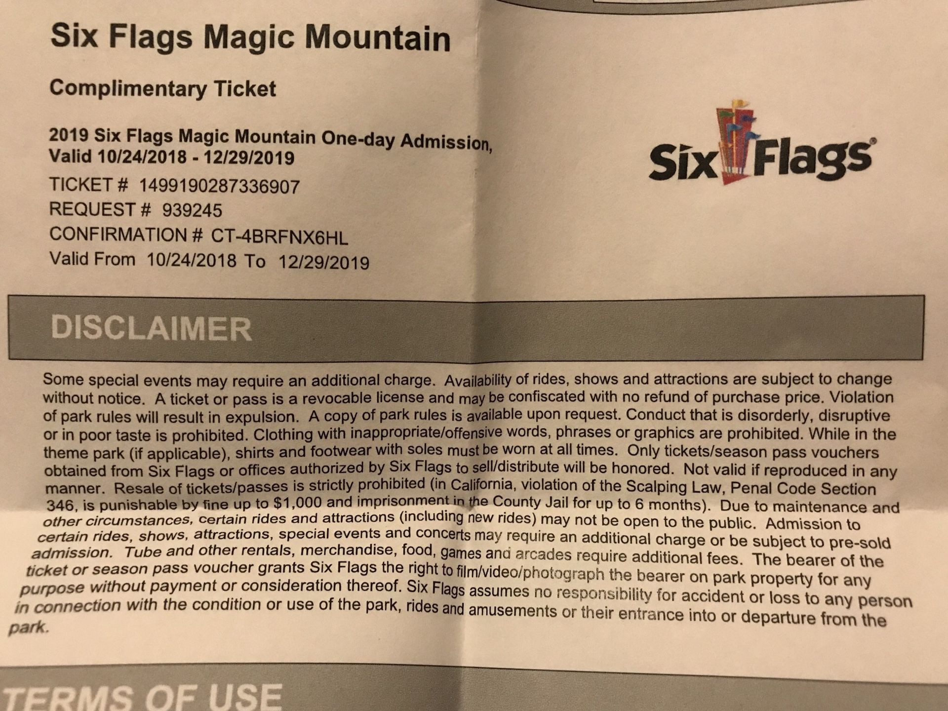 Magic mountain 2 tickets