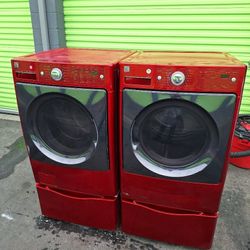KENMORE ELITE STEAM RED FRONT LOAD WASHER AND GAS DRYER SET WITH PEDESTAL 