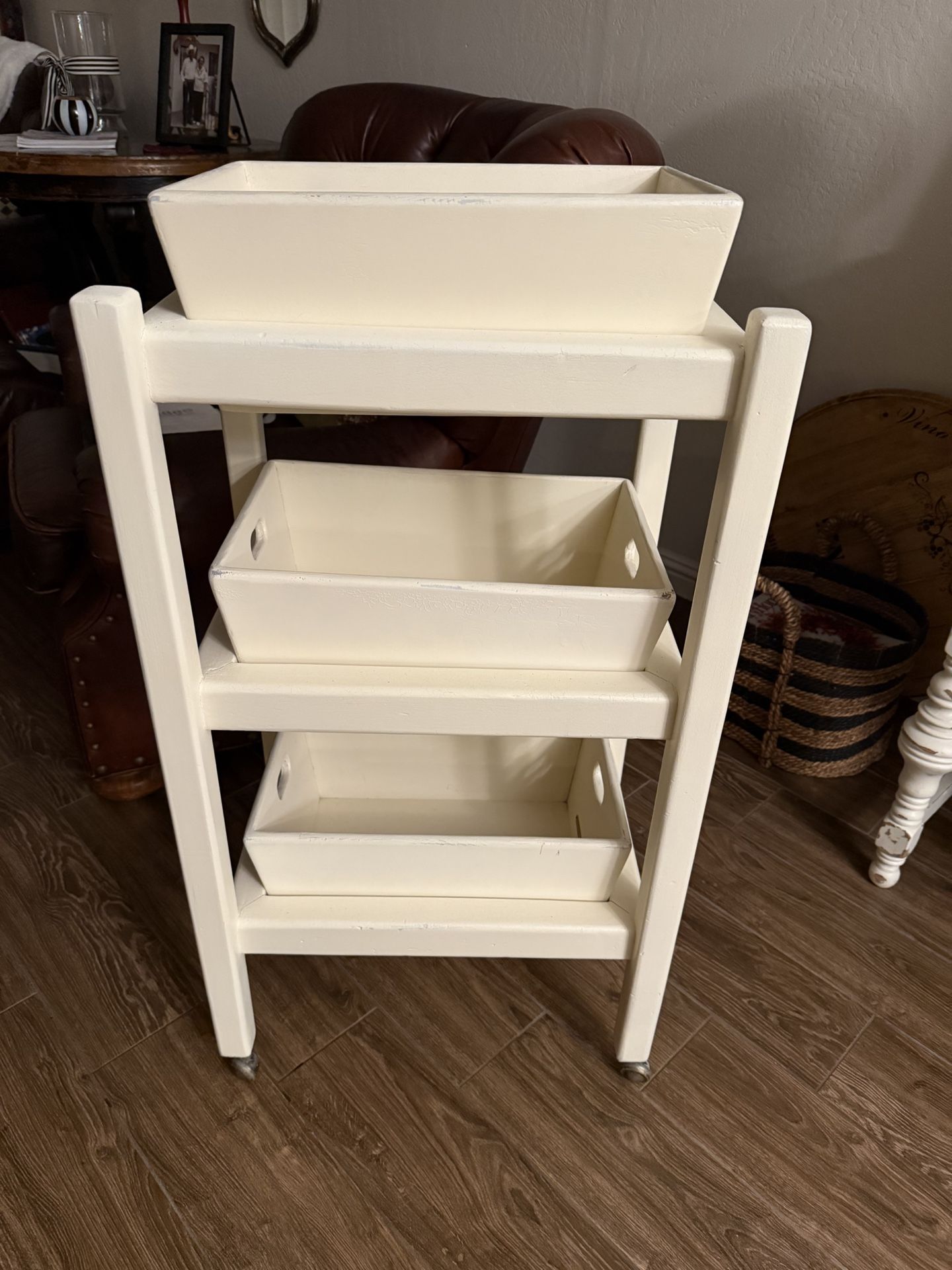 VINTAGE HANDMADE FOLK ART STYLE 3-BIN ROLLING STORAGE CART