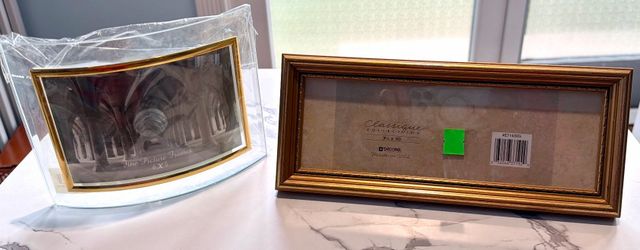 Picture Frame-Set of 2-Glass Curved Arch 6 x 4 and Gold Tone Wood Frame 3 1/2 x 10. New!