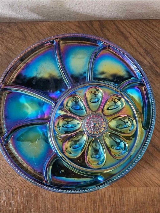 Blue Iridescent Carnival Glass Deviled Egg Dish Relish Platter by Indiana Glass Co.