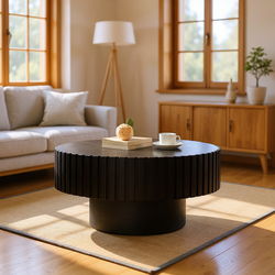 Round Coffee Table Handcrafted Relief Sturdy Pedestal Wooden Olive-Shaped Tea Table for Living Room