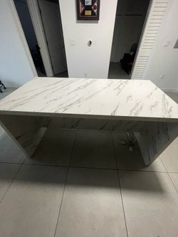 Modern White Faux Marble Waterfall Dining Table