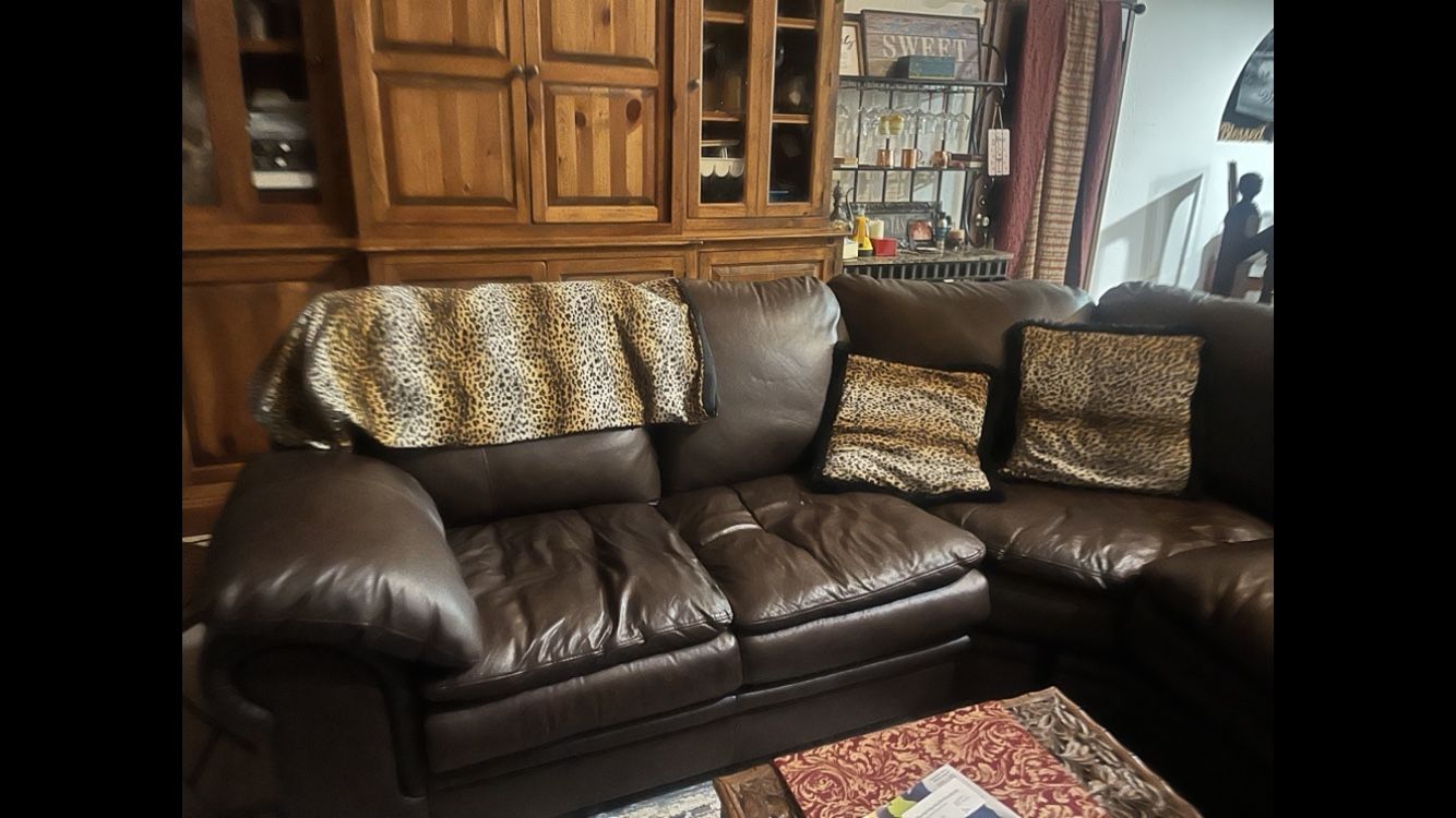 Leather Sofa, Wooden Table, Kitchen Barstool 