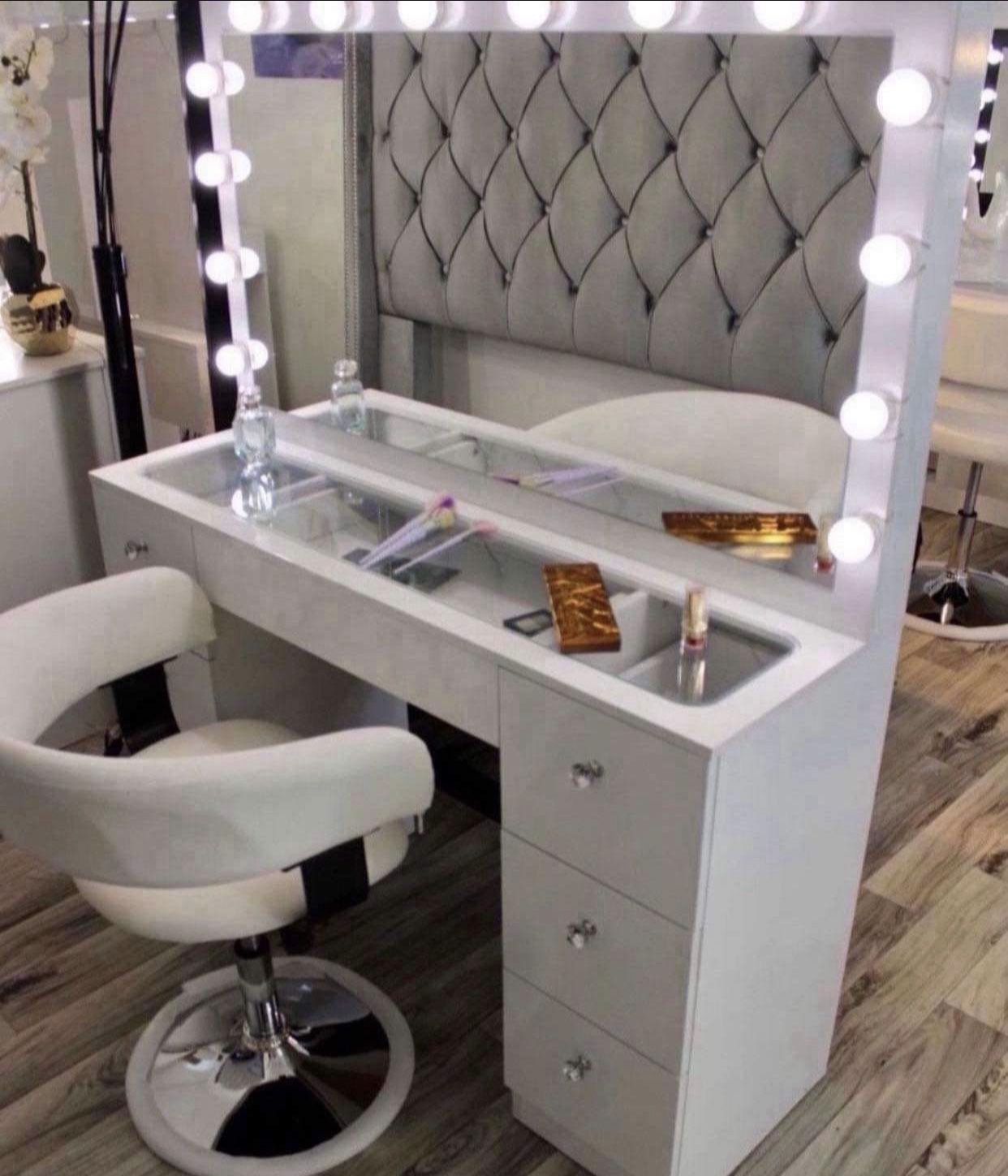 New Glass Top Make Up Vanity Desk With Mirror & Lights