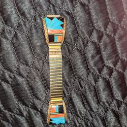 Antique Gold Over Sterling Silver Watch Band With Turquoise, Fire Opal, Onyx, & Coral Inlay