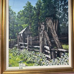 Oil Painting On Board, Nice Forest Cabin,39.5”x34.5”. Please Look Out All Photos For More Details 