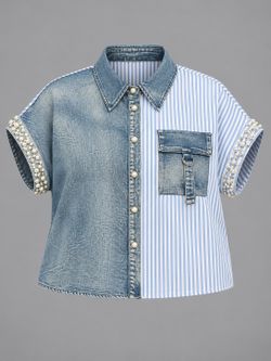 Pastel Blue Denim Striped Pearl Trim Crop Top Large