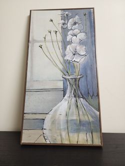 Framed Floral Canvas Wall Art | Blue Gray Neutral Vase Painting