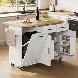 Modern Kitchen Island with Storage - Rolling Island Cart on Wheels with Power Outlet, Drop Leaf