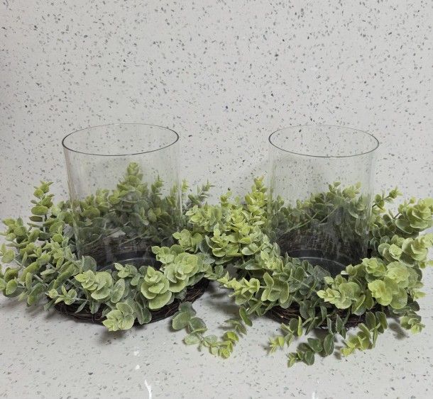 Decorative Hurricane Pillar Candleholder with Faux Eucalyptus, 8", 1 For $10 Or 2 For $15. Home Decor