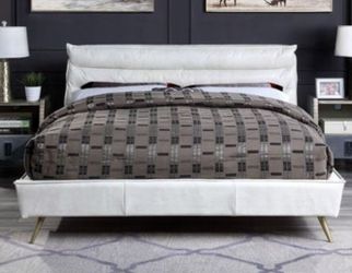 Brand New White Top Grain Leather Queen Platform Bed Frame Frame (Available in Eastern King)