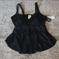 NWT Swim Solutions Women's Black Swan Tiered Ruffle Tankini Swim Top Black 14