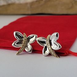 ❤️925 Precious Sterling Silver and 14k Solid Gold Genuine Diamonds Butterfly-Shaped Earrings!/ Aretes de Plata Esterlina! 👌🎁Post Tags: 10k 14k