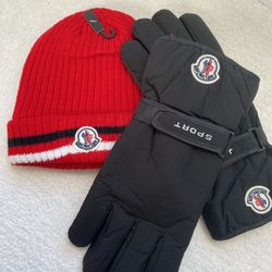 Red Unisex Moncler Hat & Glove Set