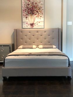 Mattress king plus king Upholstered Wingback Bed Frame with Tufted Headboard
