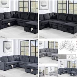 $649-4Piece Convertible Sectional  Sleeper Sofa ,Chaise Storage ,Sofa Storage & USB Ports 98” x 103” x 61” x36”H