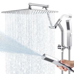 All Metal 10 Inch Rain Shower Head with Handheld Built-in Power Wash Mode, High Pressure Waterfall Rainfall Square Shower Heads with 16" Adjustable Ex