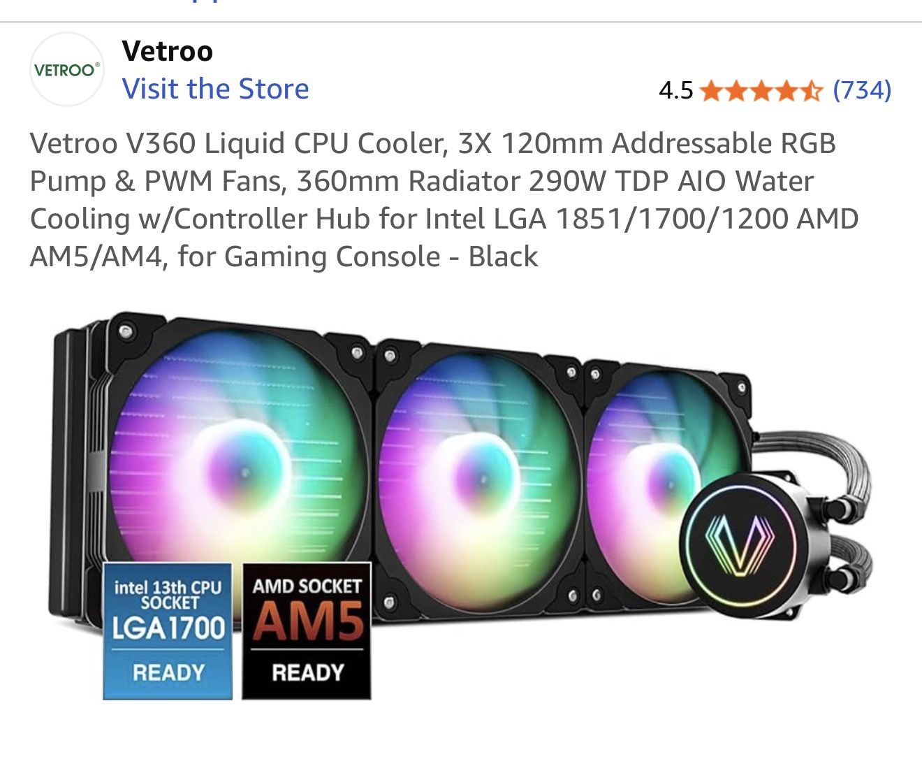 Vetroo V360 Liquid CPU Cooler, 3X 120mm
