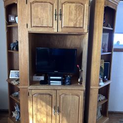 Three Piece Wood Finished Shelving & Storage Cabinet