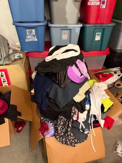 Big box of men’s and women’s clothes new and lightly used good to great condition. Great for someone that does constant yard sales